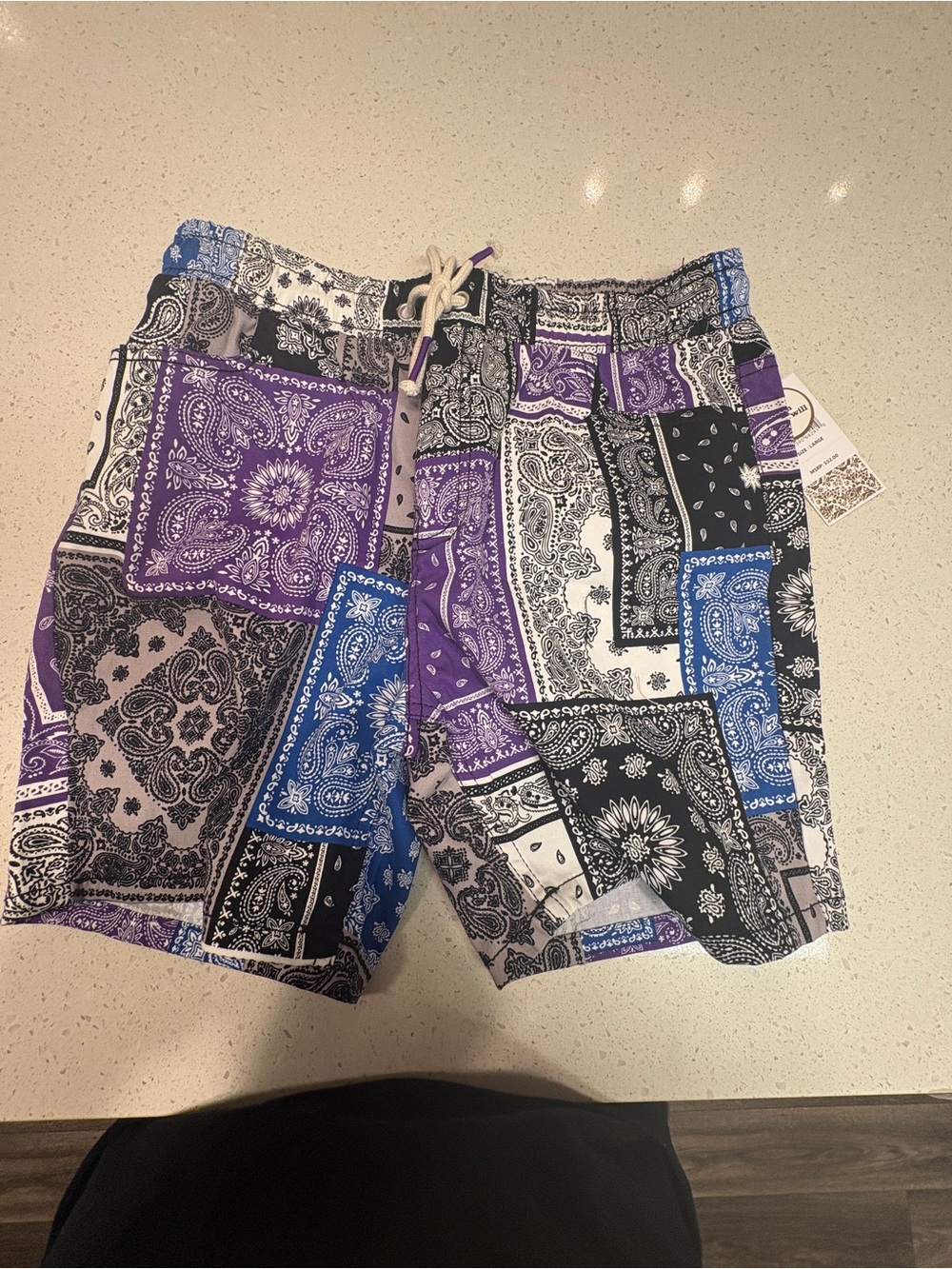 Men's Patchwork Bandana Swim Trunks - Purple/Blue/Black/Gray